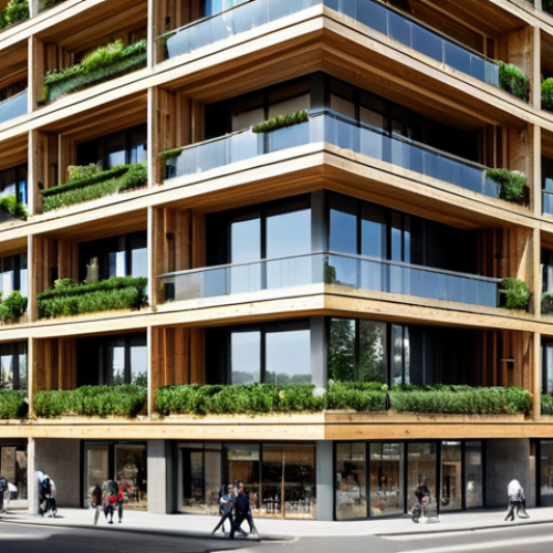 **

A modern, multi-story building constructed primarily of cross-laminated timber (CLT) in a bustling Italian city. The building features large windows and balconies filled with greenery. The surrounding environment includes shops and cafes, with people walking by in appropriate attire. Focus on showcasing the warmth and inviting nature of the wood construction. Safe for work, appropriate content, fully clothed, professional architecture, perfect anatomy, natural proportions, high-quality render.

**