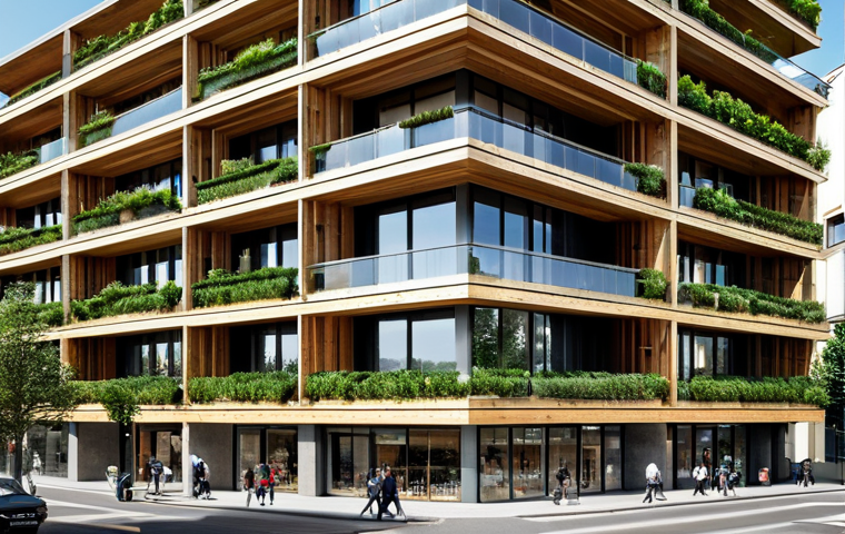 **

A modern, multi-story building constructed primarily of cross-laminated timber (CLT) in a bustling Italian city. The building features large windows and balconies filled with greenery. The surrounding environment includes shops and cafes, with people walking by in appropriate attire. Focus on showcasing the warmth and inviting nature of the wood construction. Safe for work, appropriate content, fully clothed, professional architecture, perfect anatomy, natural proportions, high-quality render.

**
