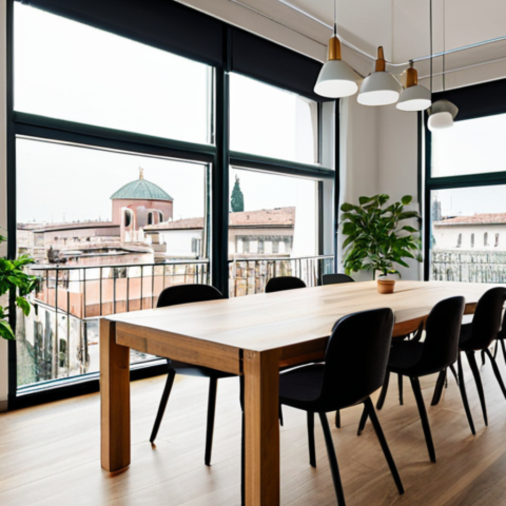 Modern Co-living Space**

"A bright and airy co-living space in Milan, Italy. Several young professionals are collaborating at a large wooden table in a shared co-working area. The room features modular furniture, indoor plants, and large windows overlooking a cityscape. Fully clothed in fashionable, appropriate attire. Safe for work. Perfect anatomy, correct proportions, natural pose, well-formed hands, professional photography, high quality, family-friendly, appropriate content."

**