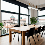 Modern Co-living Space**

"A bright and airy co-living space in Milan, Italy. Several young professionals are collaborating at a large wooden table in a shared co-working area. The room features modular furniture, indoor plants, and large windows overlooking a cityscape. Fully clothed in fashionable, appropriate attire. Safe for work. Perfect anatomy, correct proportions, natural pose, well-formed hands, professional photography, high quality, family-friendly, appropriate content."

**