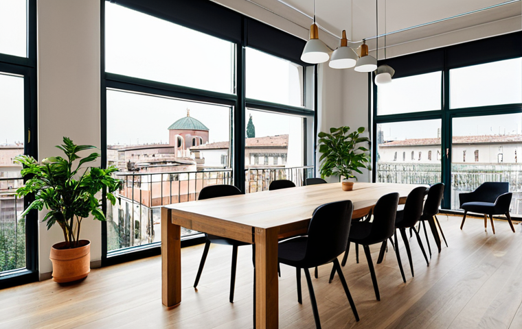 Modern Co-living Space**

"A bright and airy co-living space in Milan, Italy. Several young professionals are collaborating at a large wooden table in a shared co-working area. The room features modular furniture, indoor plants, and large windows overlooking a cityscape. Fully clothed in fashionable, appropriate attire. Safe for work. Perfect anatomy, correct proportions, natural pose, well-formed hands, professional photography, high quality, family-friendly, appropriate content."

**