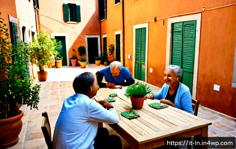 Home 28 다세대 주거에서의 협업 및 파트너십 사례 - Photorealistic wide-angle scene inside a renovated Italian multigenerational apartment courtyard, an...